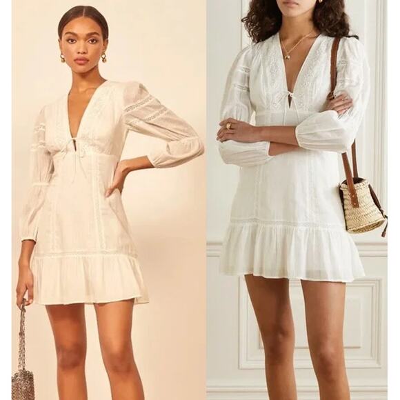 Reformation Cecille Embroidered 3/4 Sleeve Tie Front Mini Dress White Women's 10 - Picture 1 of 7